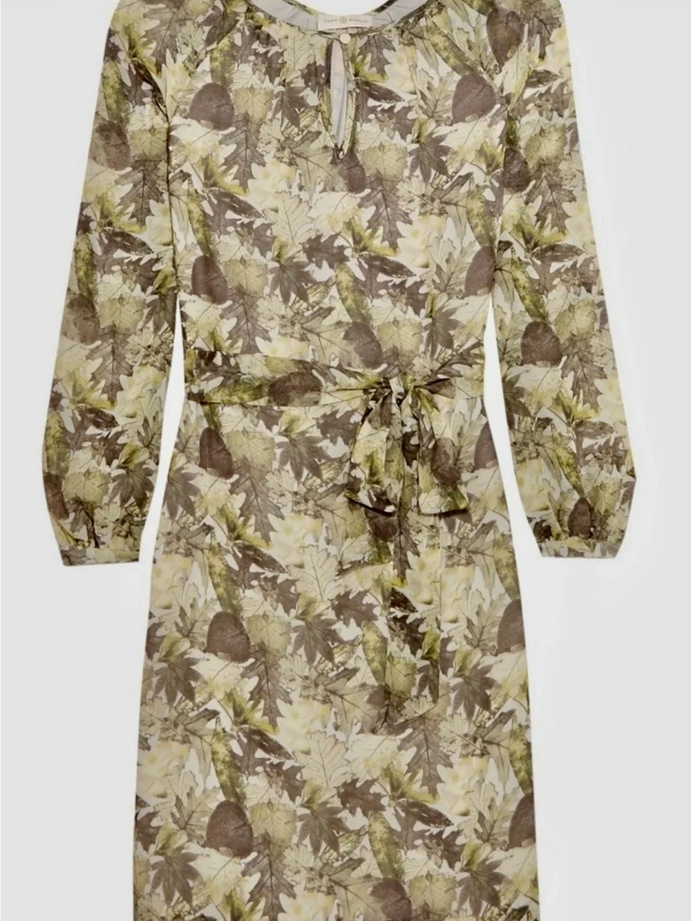 Tory Burch Lisa Silk Olive Cream Leaf Print Long Sleeve Tie floral Dress $425